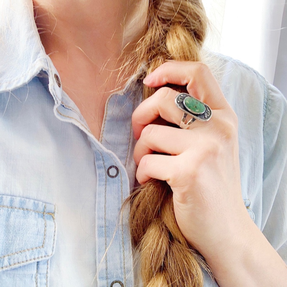 Vintage Green Turquiose Sterling Silver BOHO Ring